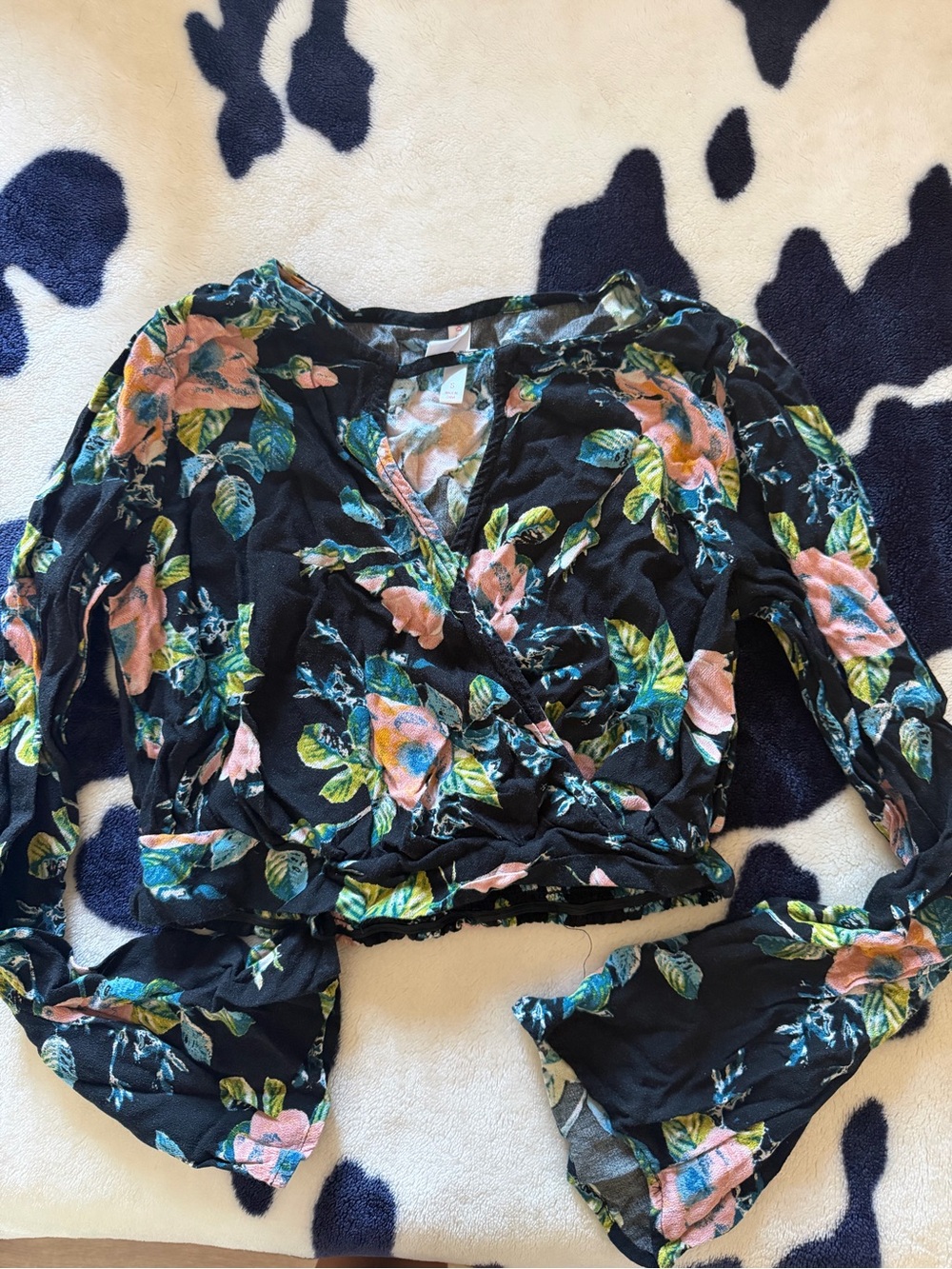 Women’s Black Floral Wrap Top with Pink & Green Accents